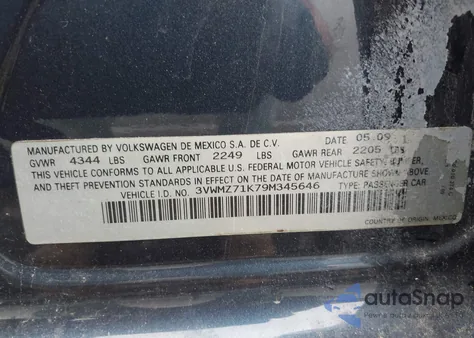 2009 Volkswagen Jetta 2.5L S из США, поврежденный, VIN 3VWMZ71K79M345646